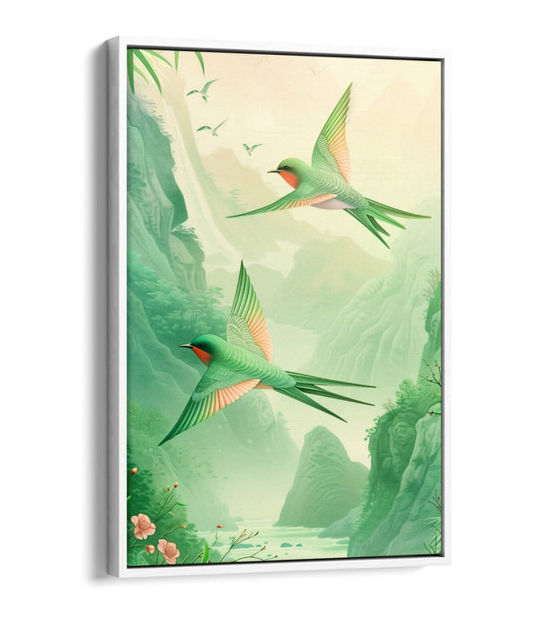 Canvas Art Print - Pink Green Swallows Flying | Handmade UK Vibrant Wall Art
