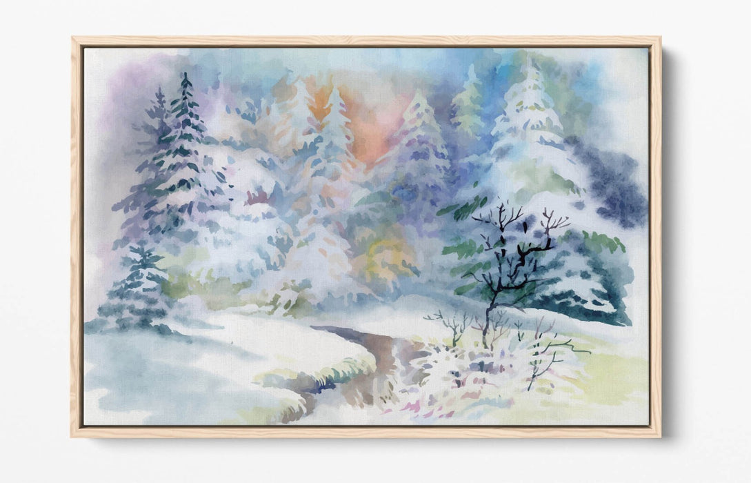 Canvas Wall Art Print – Watercolour Forest Winter Illustration With Float Effect Frame