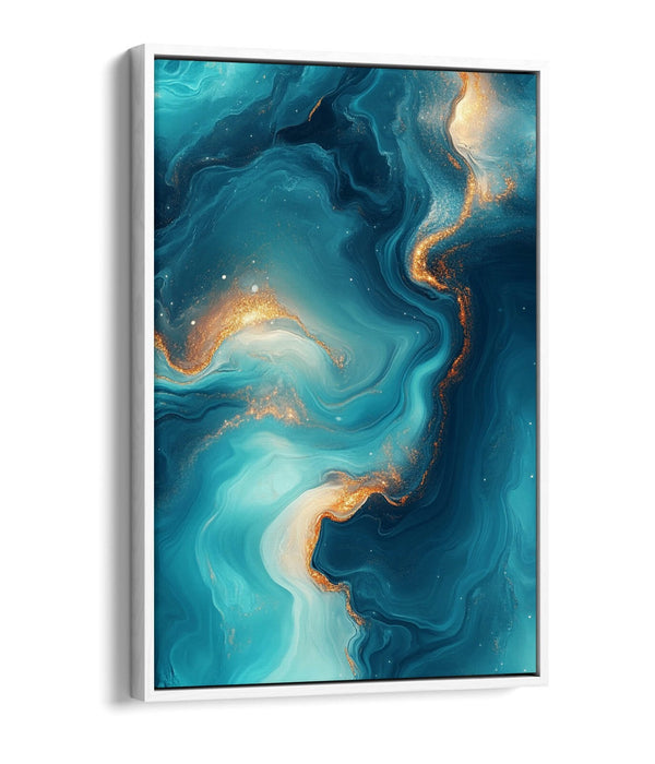Abstract Canvas Wall Art – Blue Gold Sea Water Painting With Float Effect Frame