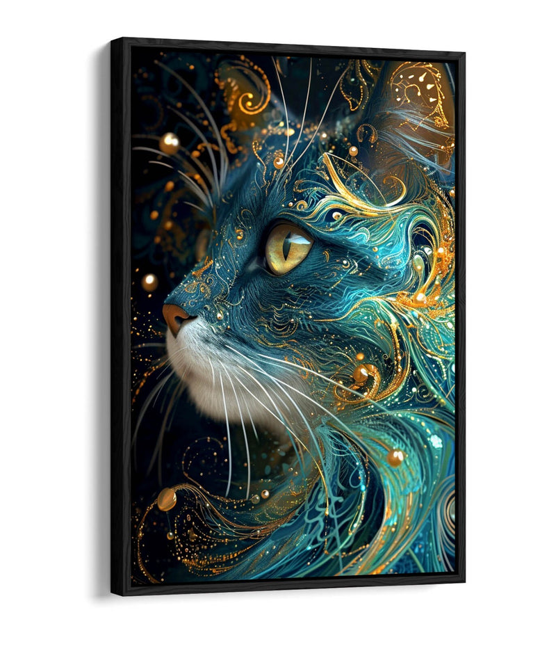 Canvas Wall Art | Handmade Blue Gold Cat Float Effect Print – Ready To Hang Contemporary Decor