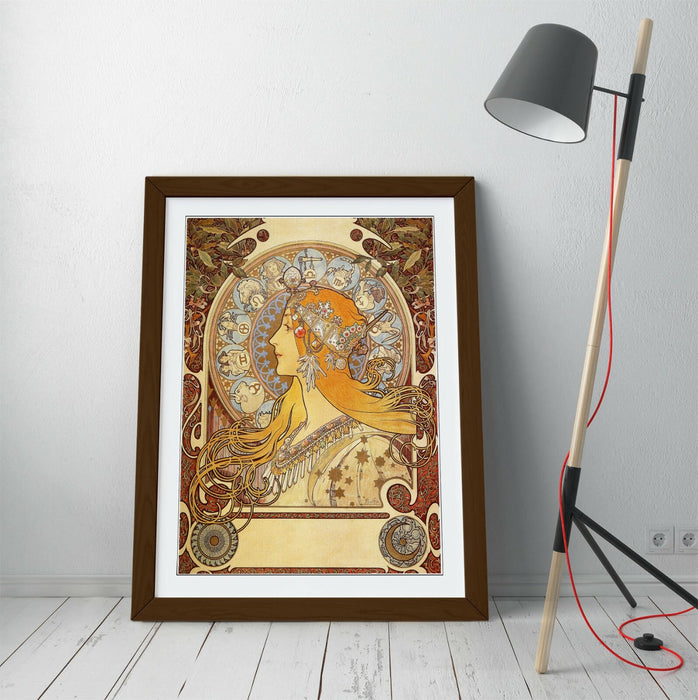 Framed Art Poster – Alphonse Mucha Zodiac Print with Wood Grain Frame
