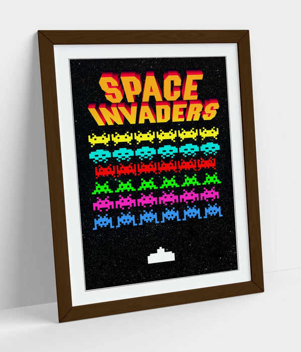 Retro Arcade Poster - Space Invaders Art Framed Game Print With Woodgrain Faux Frame