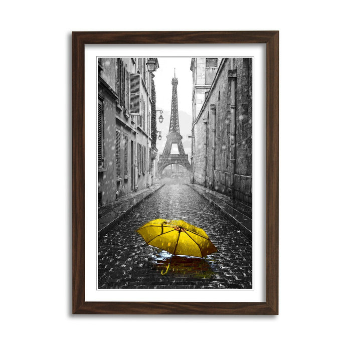 Paris Umbrella Art – Framed Wall Art Black and White Poster with Yellow Umbrella Print