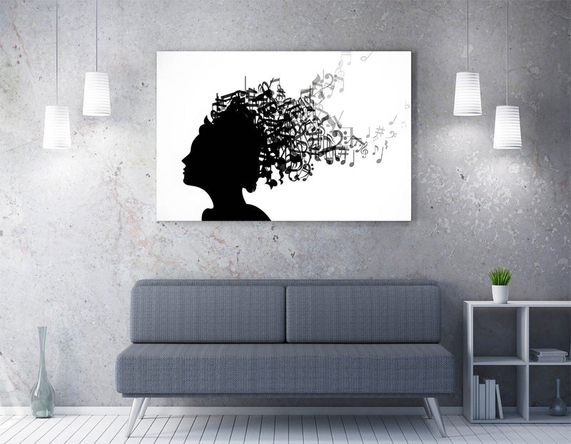 Canvas Wall Art - Woman Silhouette Print with Music Notes | Handmade UK Decor