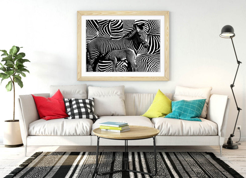 Zebra Stripe Wall Art – Handmade Framed Animal Print With Woodgrain Frame