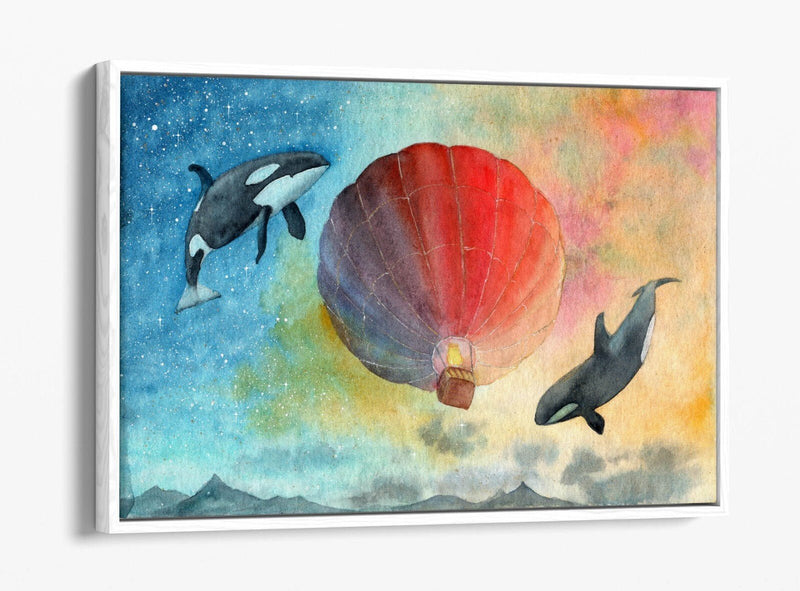 Canvas Wall Art Print - Watercolour Air Balloon & Whales Float Effect Decor