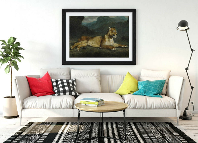 Framed Art Print - Eugene Delacroix Lioness Wall Art Poster With Woodgrain Frame