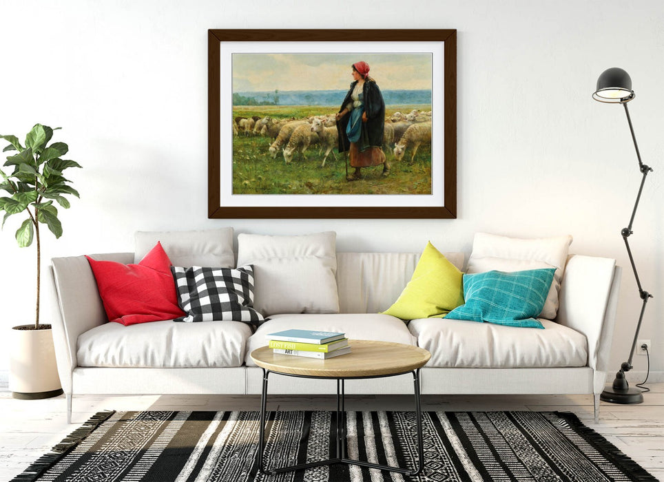 Framed Wall Art - Julien Dupre A Shepherdess Painting | Rustic Wood Frame, Ready To Hang