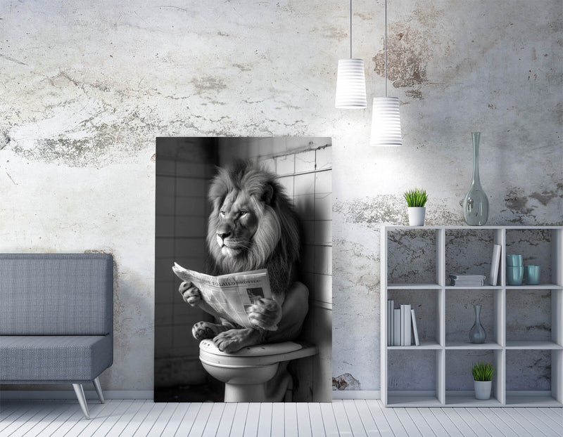 Funny Lion Canvas Art - Humorous Bathroom Wall Decor | Ready To Hang Satin Finish