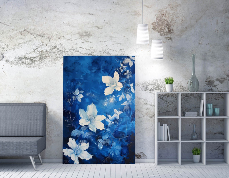 Canvas Wall Art - Beautiful White Flowers Blue Contemporary Canvas Print