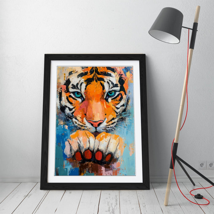 Tiger Wall Art – Cute Framed Tiger Poster Print With Paw Artwork, Oil Paint Style