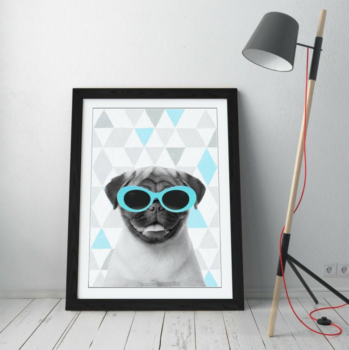 PUG SUNGLASSES TURQUOISE GREY GEOMETRIC -ART FRAMED POSTER PICTURE PRINT ARTWORK