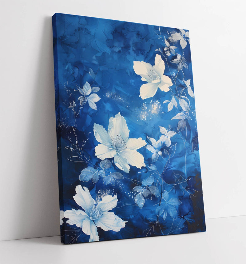 Canvas Wall Art - Beautiful White Flowers Blue Contemporary Canvas Print