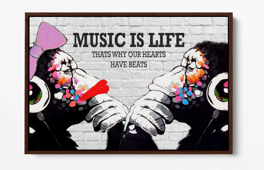 BANKSY DJ MONKEY MUSIC IS LIFE -FLOAT EFFECT CANVAS WALL ART PIC PRINT- PINK RED