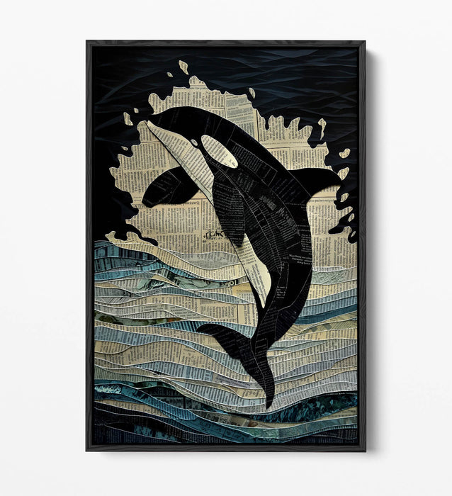 Orca Canvas Art – Jumping Whale Collage Print | Float Effect Wall Art