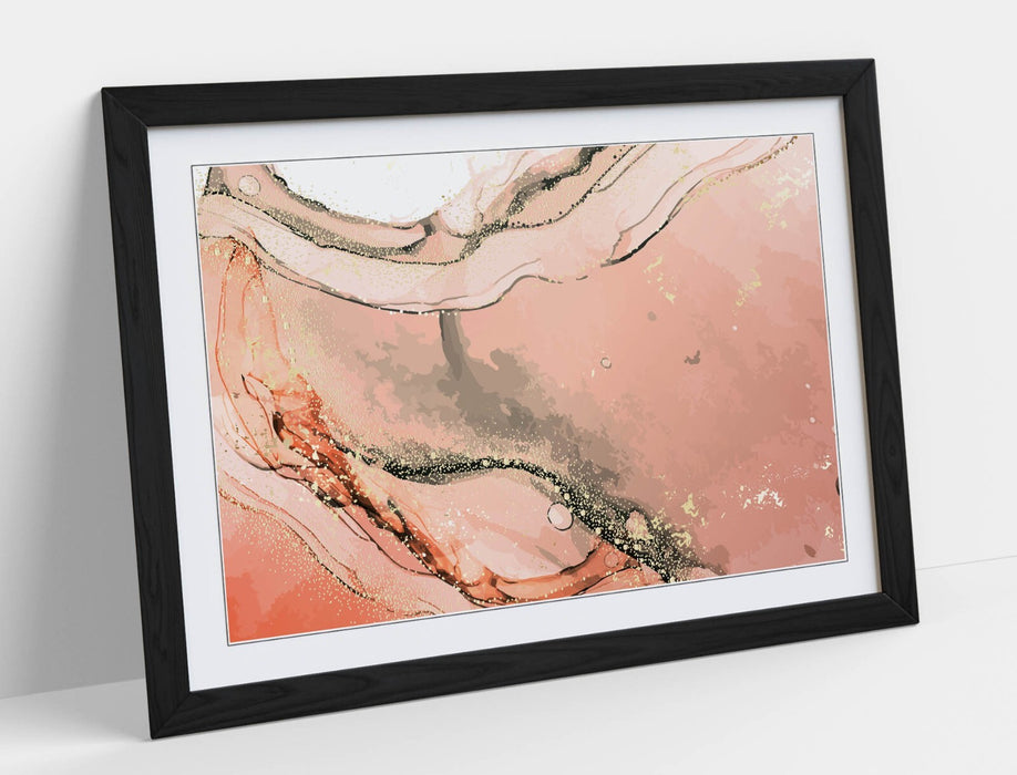 Framed Wall Art - Abstract Marble Print Pink Background With Woodgrain Frame