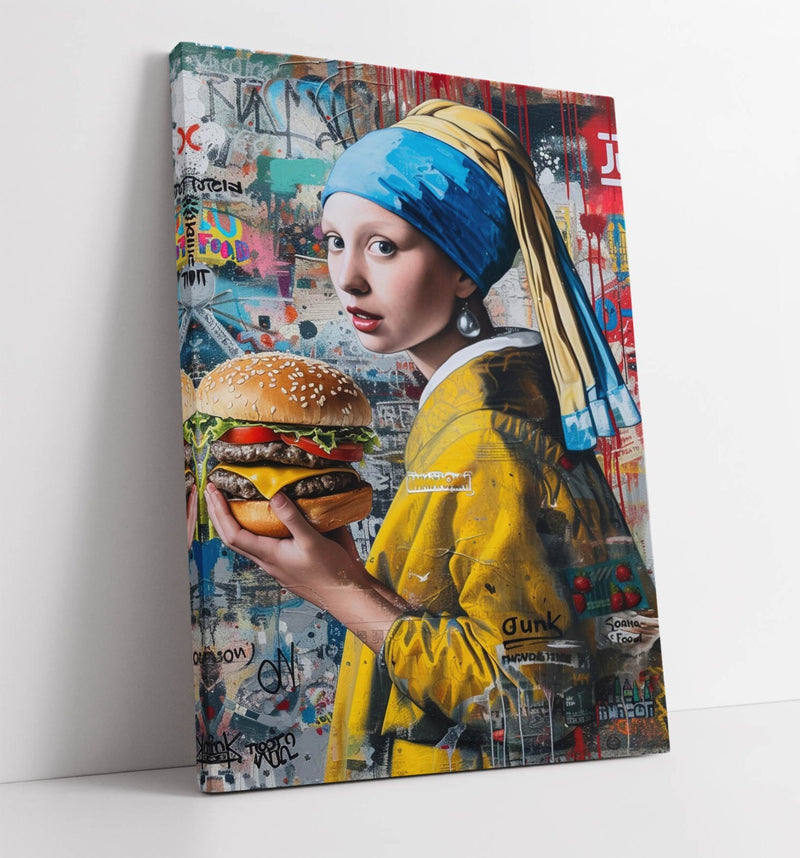 Canvas Wall Art – Girl With A Pearl Earring Burger Graffiti Print On Archival Grade Canvas