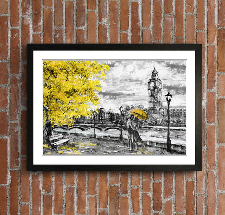 London Big Ben Grey Yellow Umbrella Wall Art Picture Framed Poster Print 4 sizes