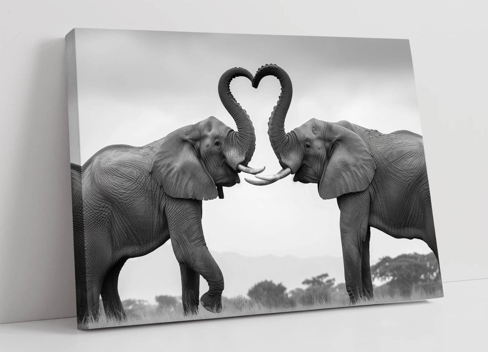 Elephants Wall Art – Black White Canvas Picture Print With Love Heart