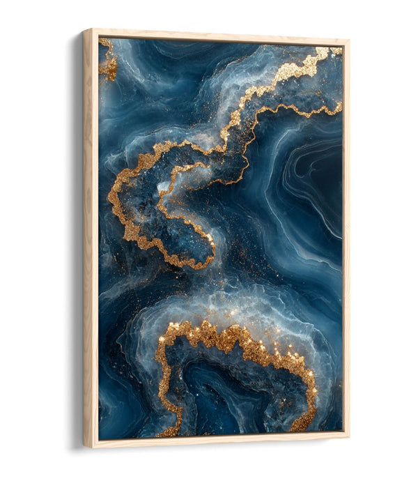 Canvas Wall Art - Gold Blue Abstract Sea Water Print With Float Effect Frame