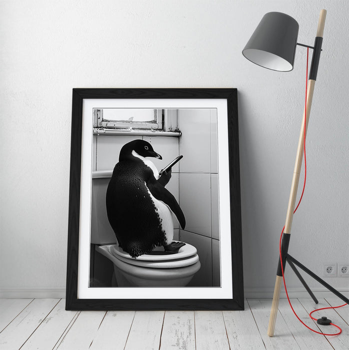 Funny Penguin Wall Art - Framed Poster Print With Toilet Humor For Bathroom Decor