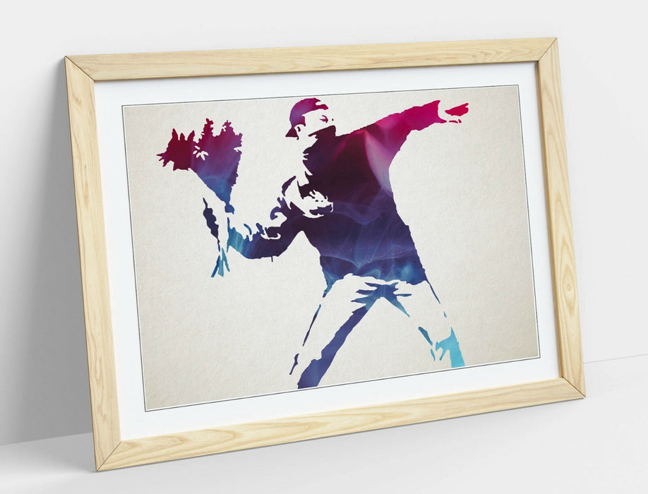 BANKSY, FLOWER THROWER PURPLE BLUE -FRAMED WALL ART PICTURE PRINT