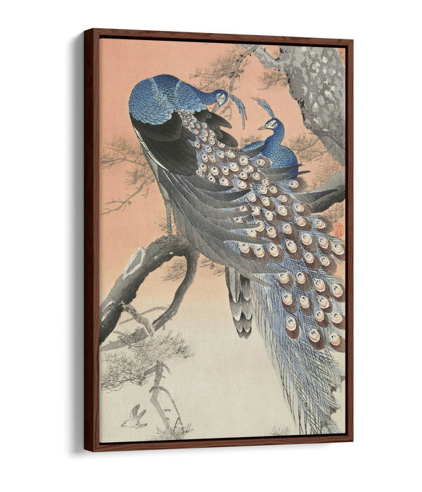 OHARA KOSON, TWO PEACOCKS ON TREE BRANCH -FLOAT EFFECT CANVAS WALL ART PIC PRINT