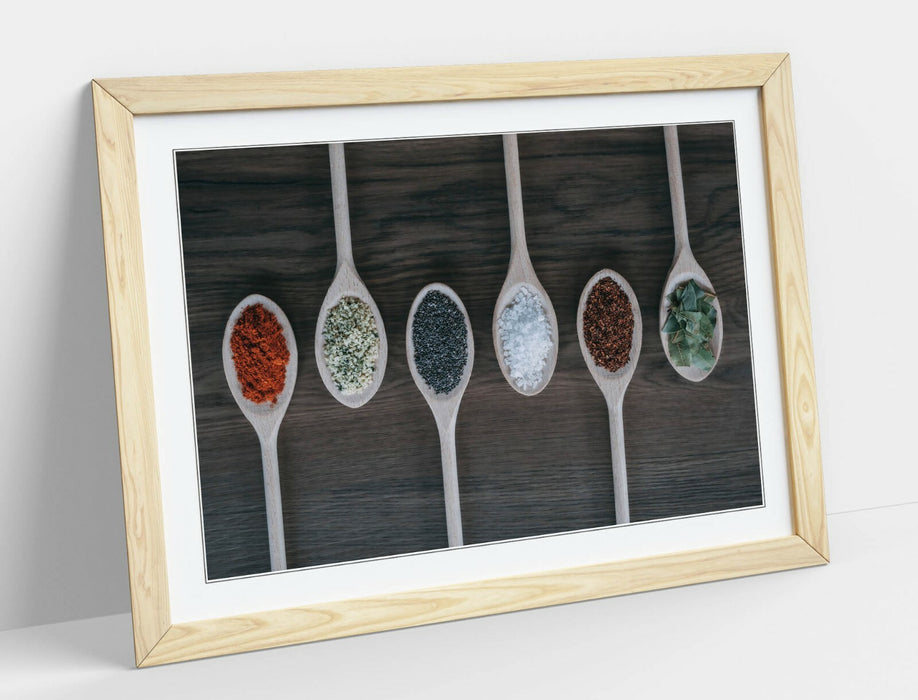 Framed Kitchen Poster – Herbs Spices Print With Woodgrain Effect Frame