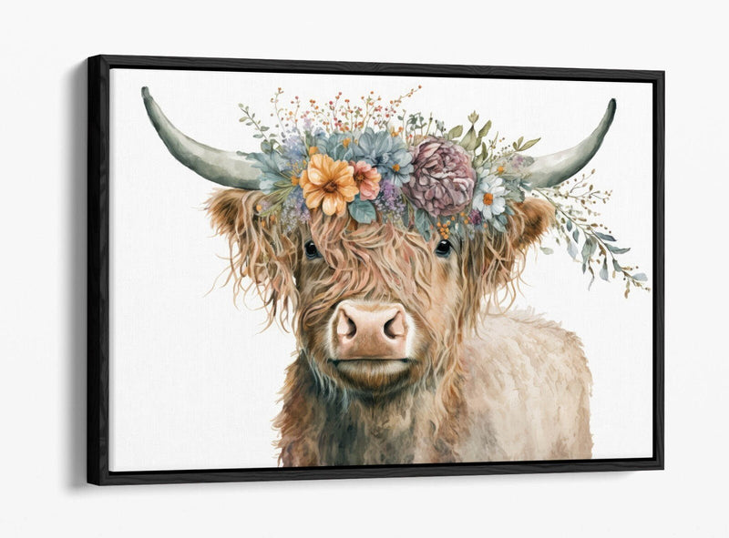 Highland Cow Canvas - Float Effect Canvas Wall Art With Flower Crown Print