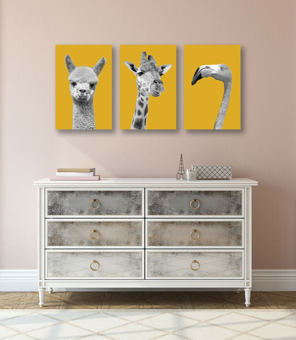 Canvas Wall Art | Handmade UK Giraffe Canvas Print Set - Black White Mustard