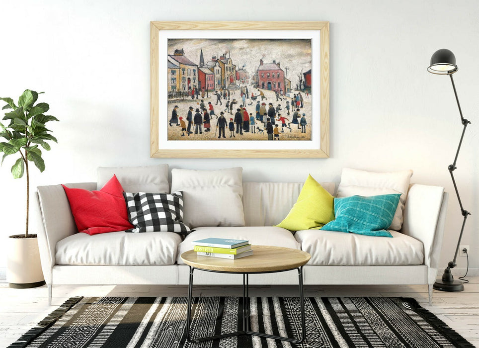 LS LOWRY, PEOPLE STANDING ABOUT -FRAMED POSTER WALL ART PRINT ARTWORK- BEIGE