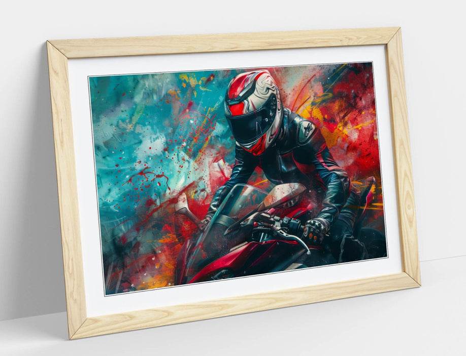 Framed Wall Art Poster – Motorcycle Graffiti Art Print With Woodgrain Frame