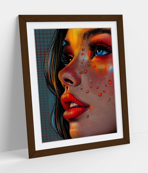 Pop Comic Wall Art - Framed Portrait Woman Pop Art Print With Woodgrain Frame Finish