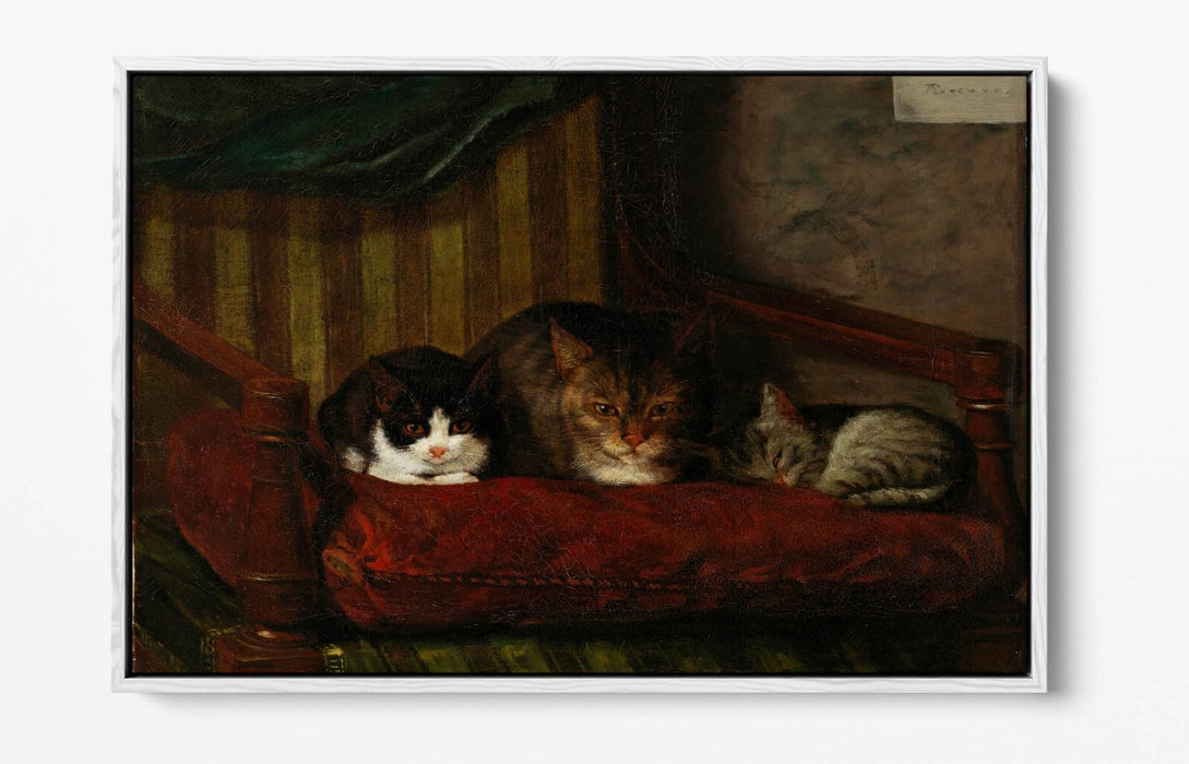 Float Effect Canvas Art - Cat With Kittens Handmade Wall Print, Premium Varnish Finish