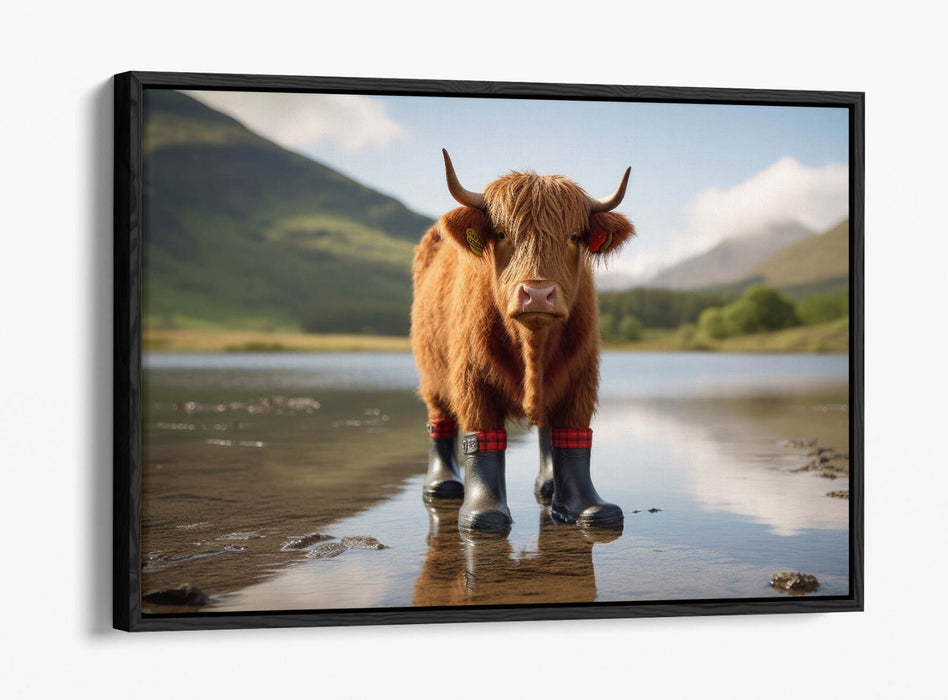 Canvas Wall Art - Funny Highland Cow Wearing Welly Boots | Float Effect Print
