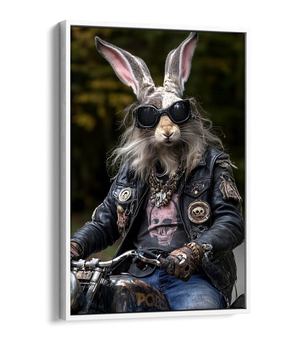Biker Rabbit Canvas - Funny Anthropomorphic Hairy Rabbit Float Effect Art Print