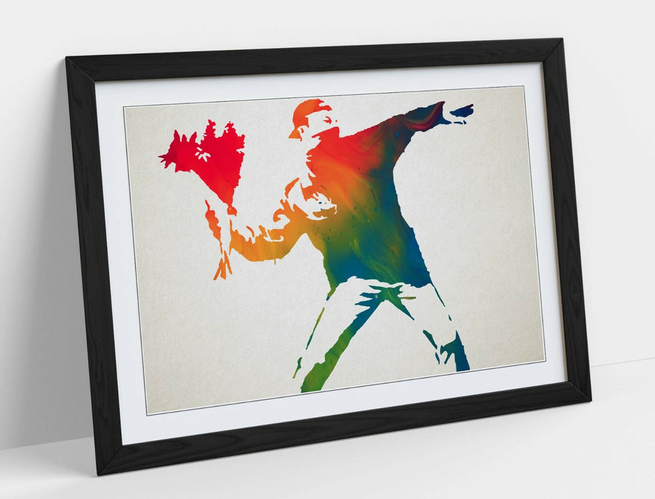 BANKSY, FLOWER THROWER RAINBOW -FRAMED WALL ART PICTURE PRINT