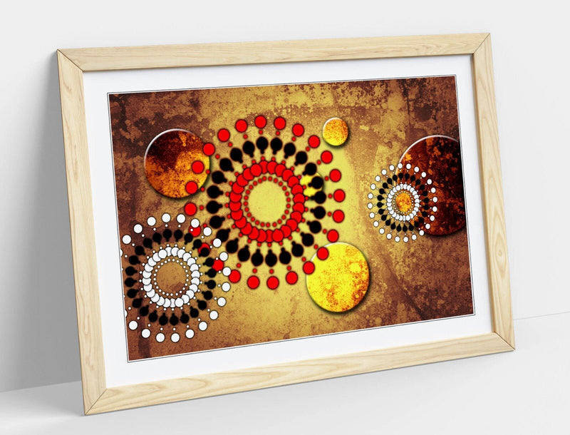 Framed Poster Print - Red Sun Abstract Wall Art With Woodgrain Frame Design