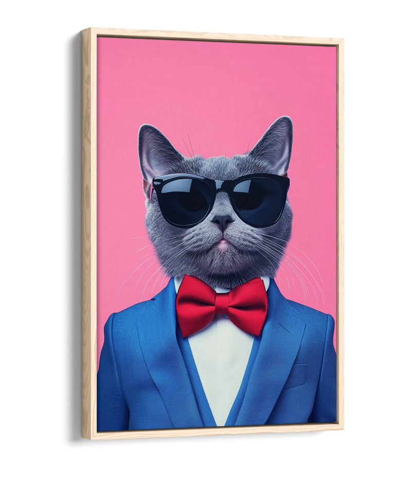 Cat Canvas Wall Art - Funny Cat Wearing Bow Tie & Sunglasses | Premium Float Frame