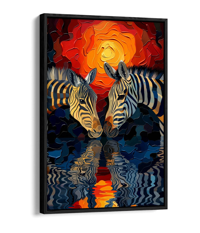 Canvas Wall Art Featuring Two Zebras | Handmade Float Effect Sunset Print