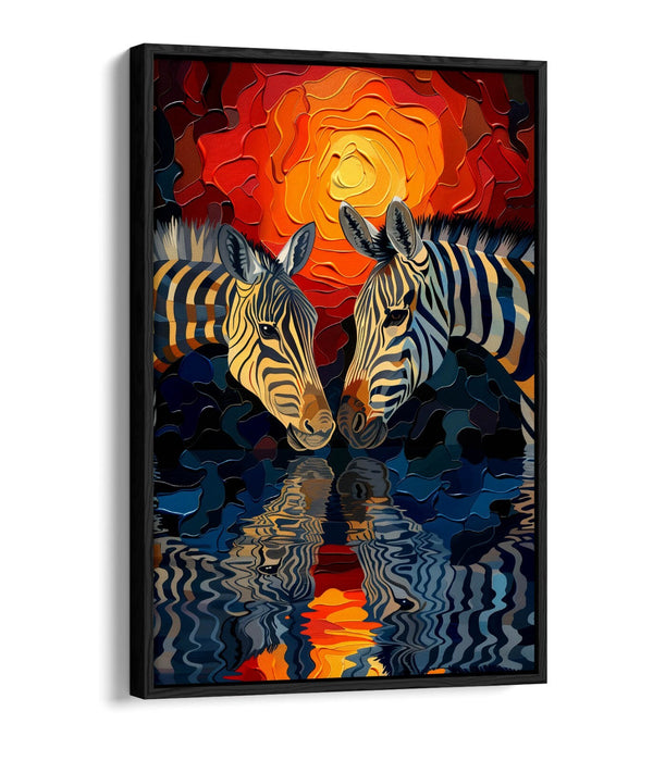 Canvas Wall Art Featuring Two Zebras | Handmade Float Effect Sunset Print