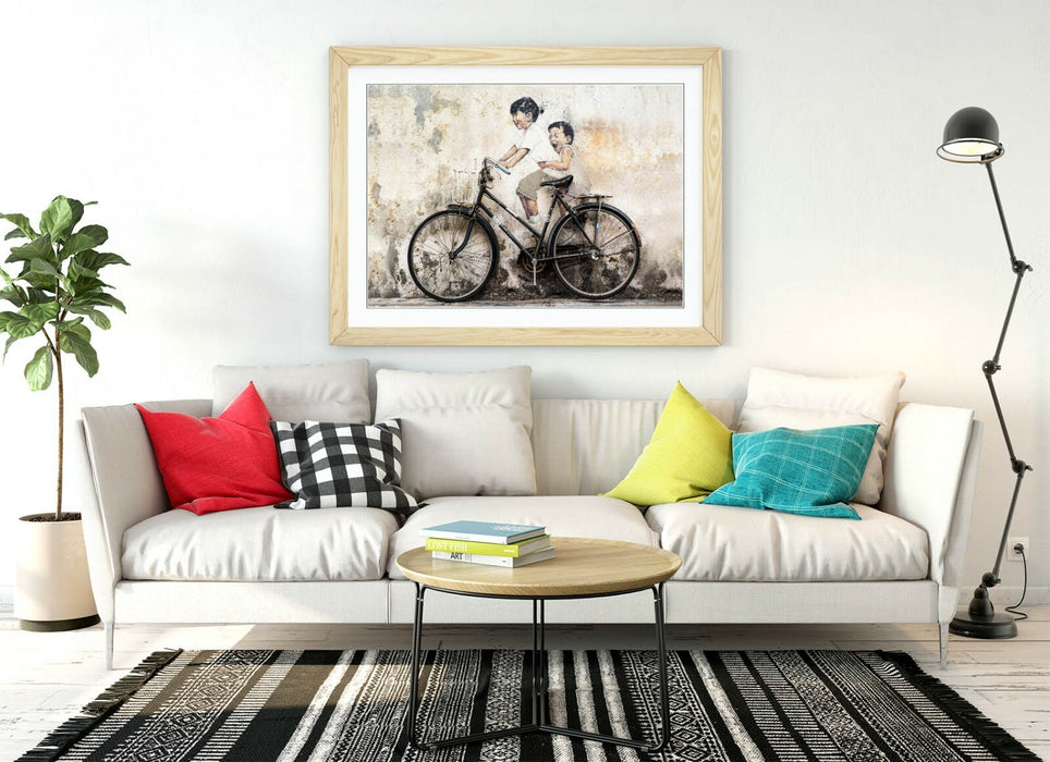 KIDS ON BIKE -ART FRAMED POSTER PICTURE PRINT ARTWORK- BEIGE GREY BLACK