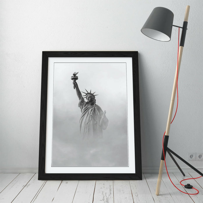 Framed Wall Art - Liberty Statue Print With Cloud Photography - Handmade Woodgrain Frame
