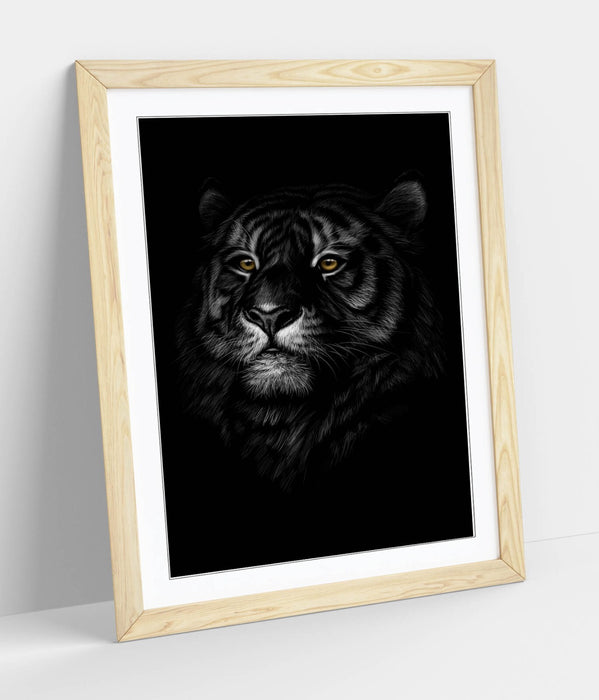 Tiger Head Wall Art – Handmade Framed Art Poster with Woodgrain Frame Design