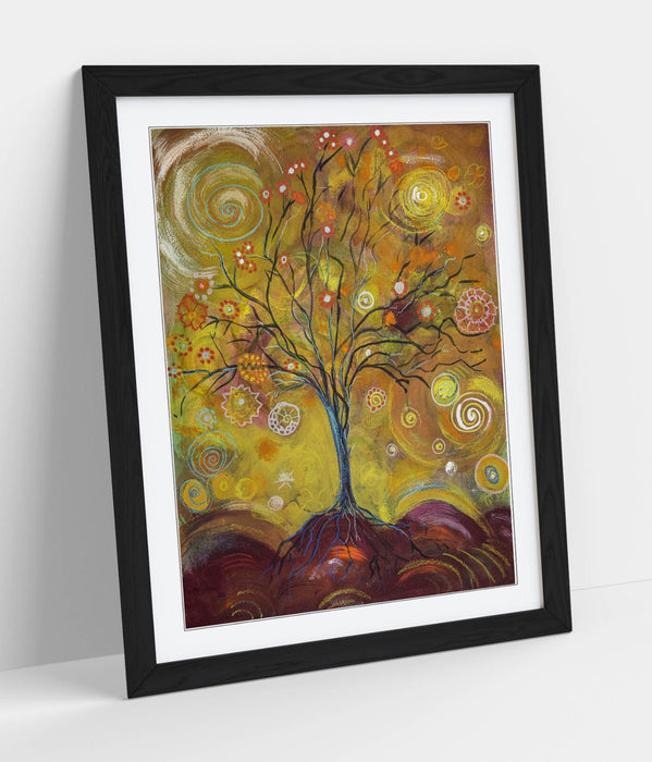 Tree Of Life Art - Whimsical Wall Print Framed Wall Art With Wood Grain Frame