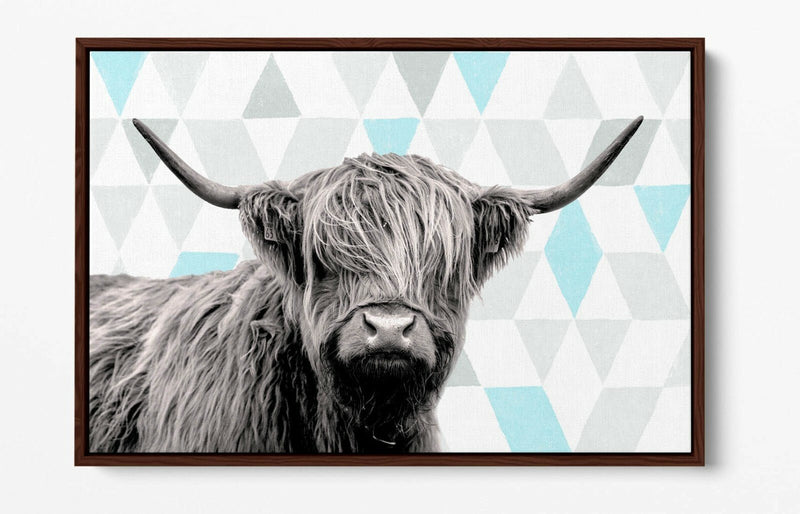 Canvas Wall Art - Highland Cow Geometric Turquoise Print | Float Effect, Handmade UK