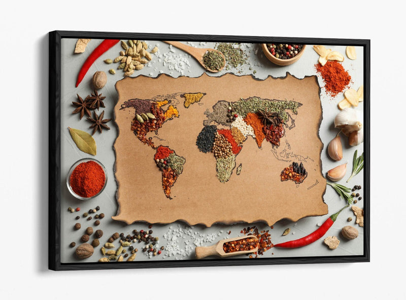 Canvas Wall Art – Spices Kitchen Art With Herbs World Map | Float Effect Print