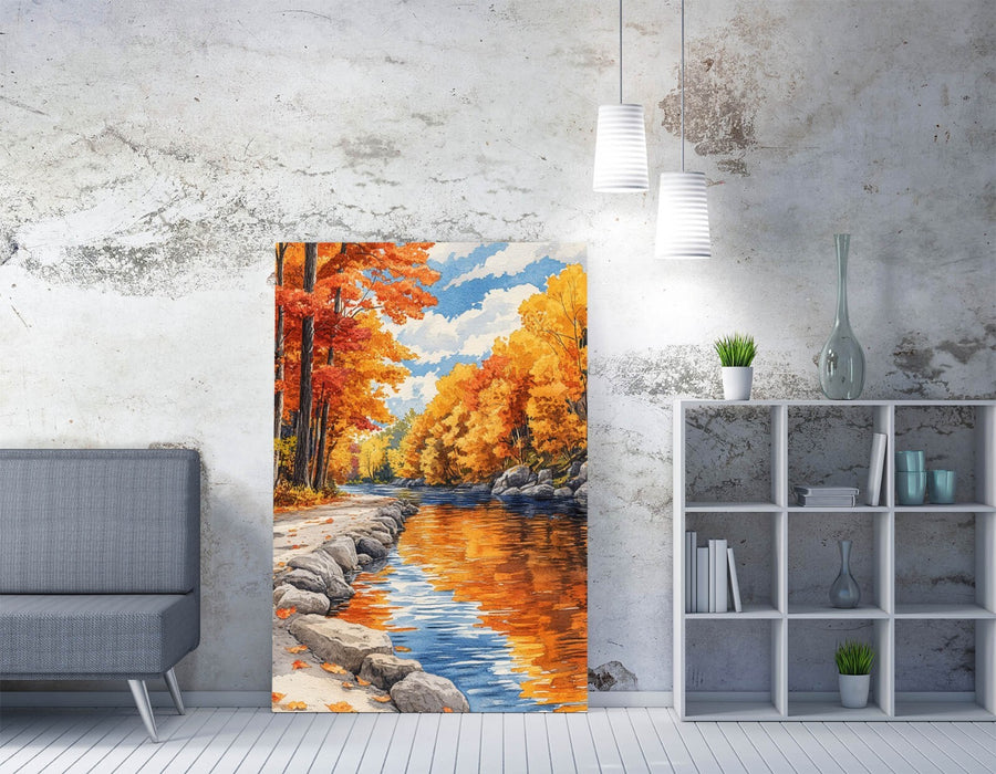 Autumn Canvas Wall Art – Vibrant Orange Forest River Artwork Print | Handmade UK
