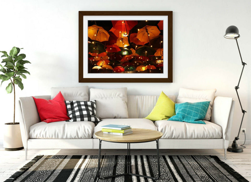 Framed Wall Art - Umbrella Sky Lights Night Time Photography Print With Woodgrain Frame