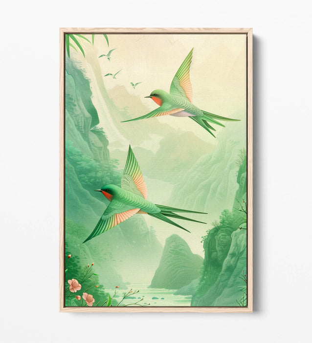 Canvas Art Print - Pink Green Swallows Flying | Handmade UK Vibrant Wall Art